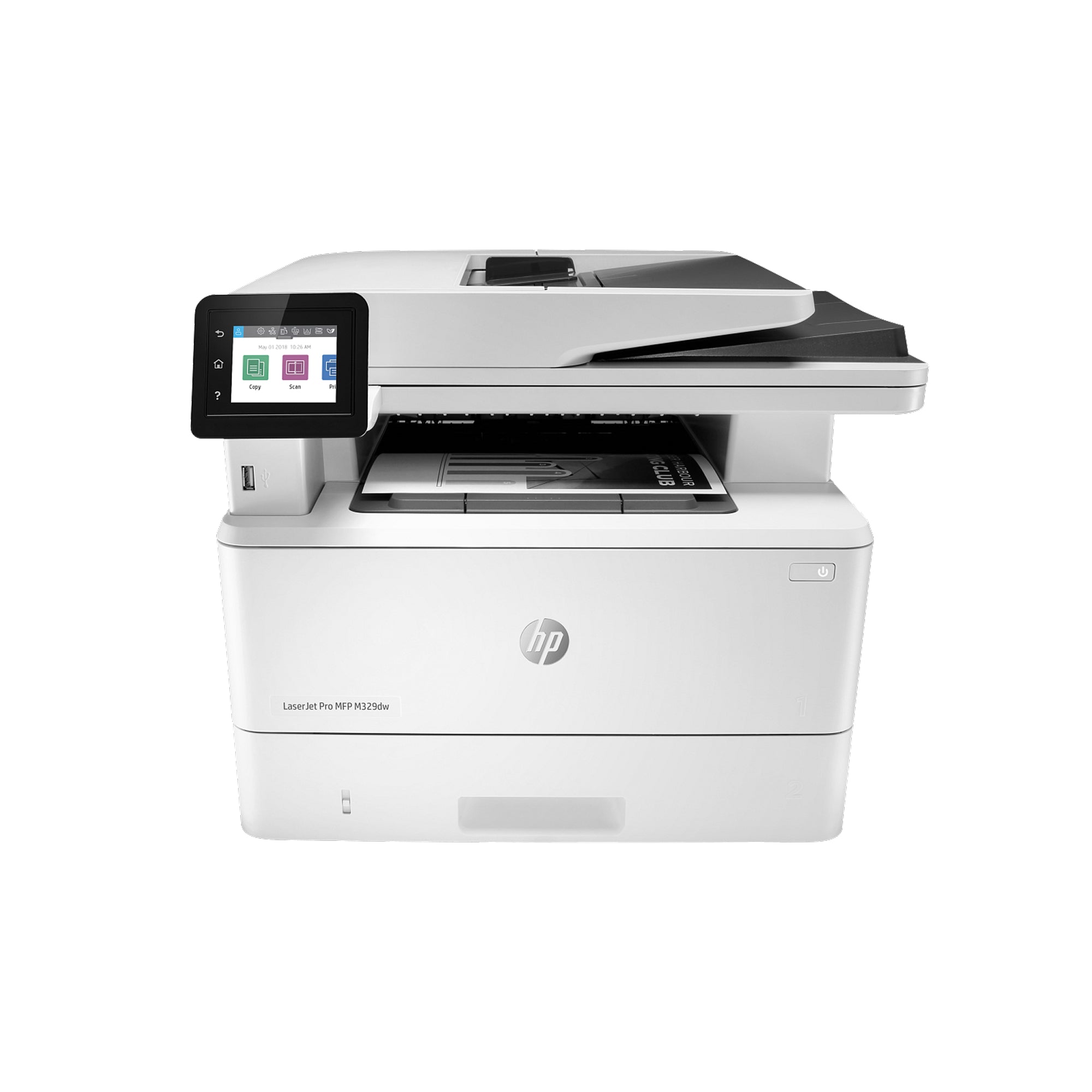 White HP printer with touchscreen display